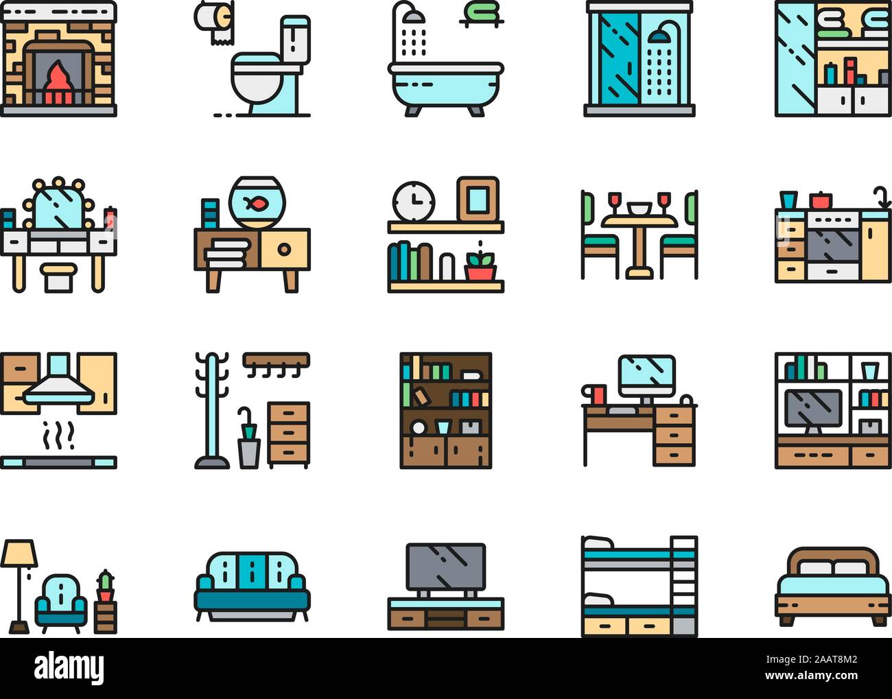 Satz Home Interior Color Line Symbole. Kamin, WC, Badewanne, Sofa und mehr Stock Vektor