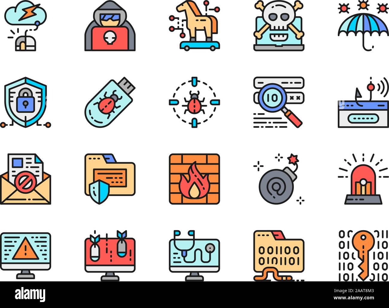 Der Cyber Security Color Line Symbole. Cyberkriminalität, Spion Agent, Firewall und mehr Stock Vektor