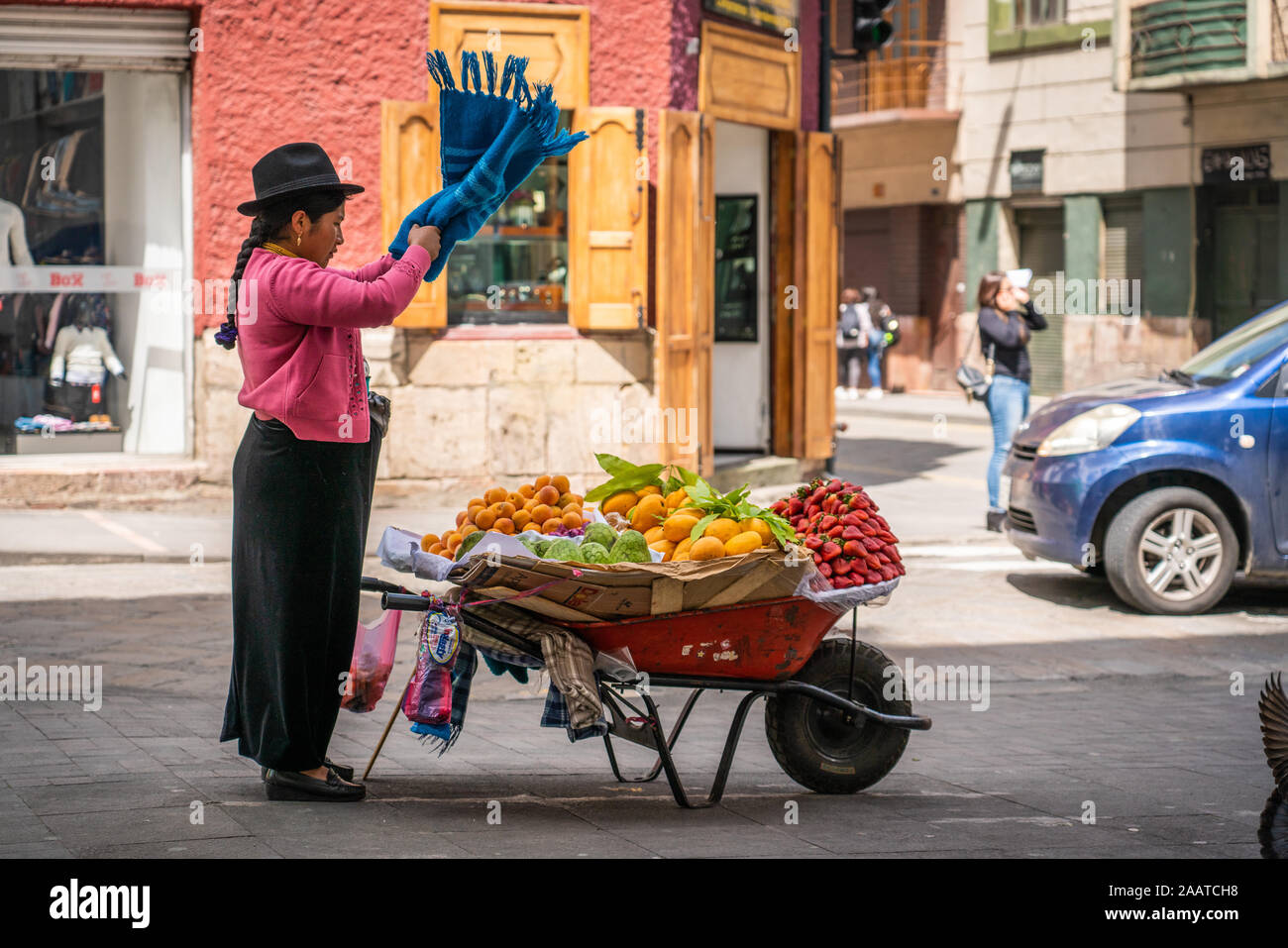 Indianischen (Native American) Frau verkaufen, Mango, Erdbeeren und andere Früchte von einer Schubkarre auf Stadt Straße in Cuenca, Ecuador. Stockfoto