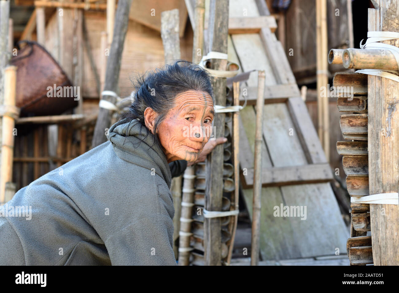 Ziro Tal, Arunachal Pradesh, Indien - 08 Januar 2019: Alte Apatani Frau vor dem Haus mit Tribal face Tattoos und schwarzem Holz- nase Stecker, Stockfoto