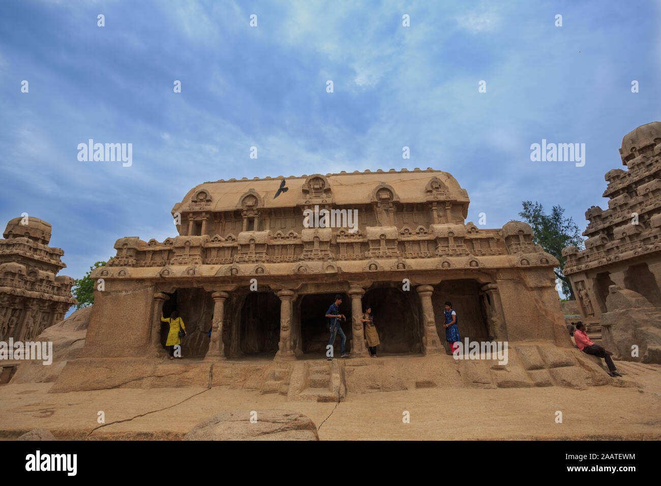 Fünf Rathas (Pancha Rathas) - Die berühmten Tempel von Mahabalipuram (Indien). Die Struktur ist von monolithischen Stein. Stockfoto
