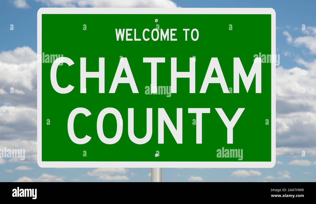 Rendering von einem grünen 3d Autobahn Zeichen für Chatham County Stockfoto