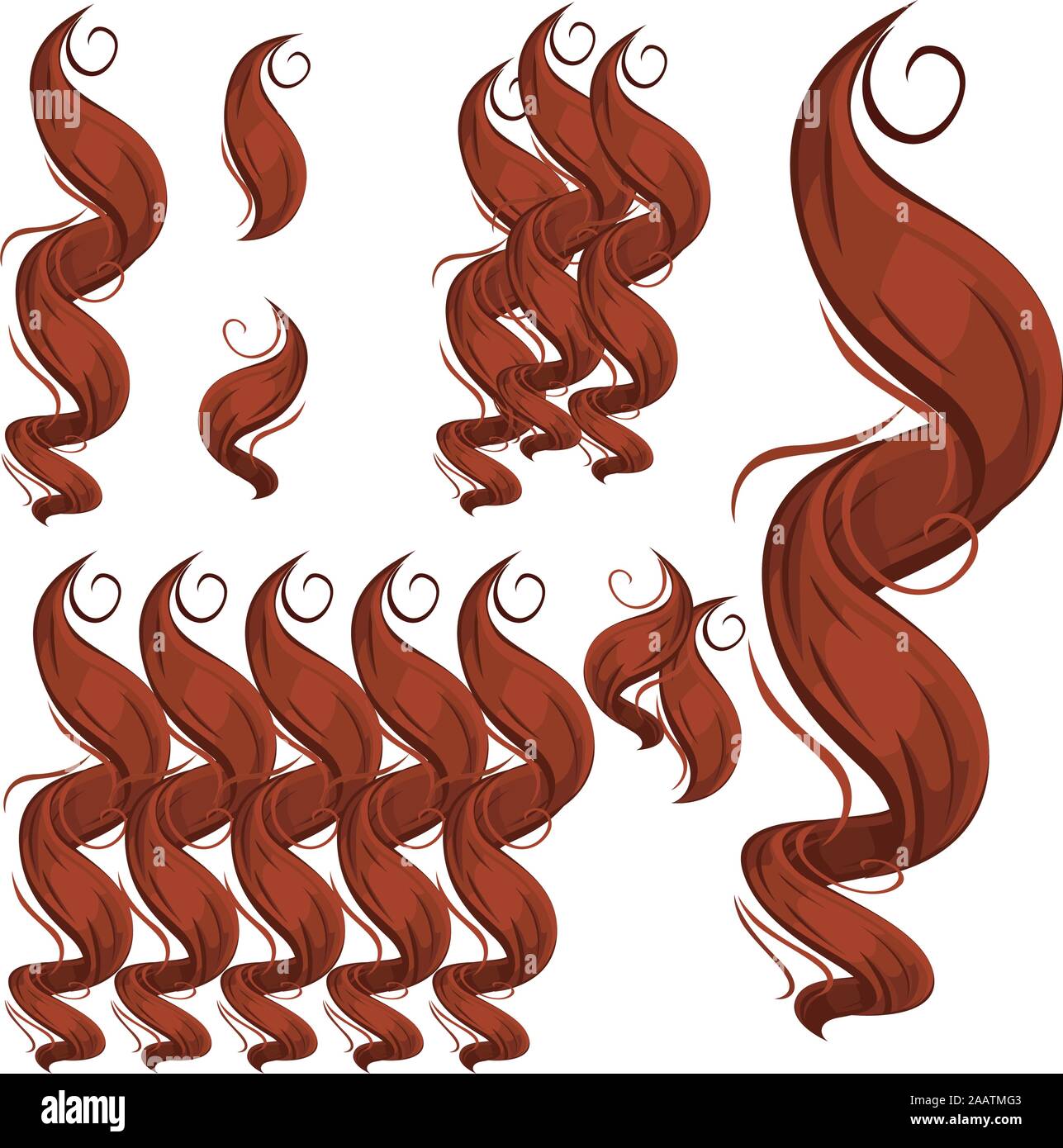 Verriegelungen des Haares. Eine Reihe einzelner Elemente und Kompositionen. Vector Illustration isoliert auf einem weißen Hintergrund. Haarfarbe Rot Stock Vektor