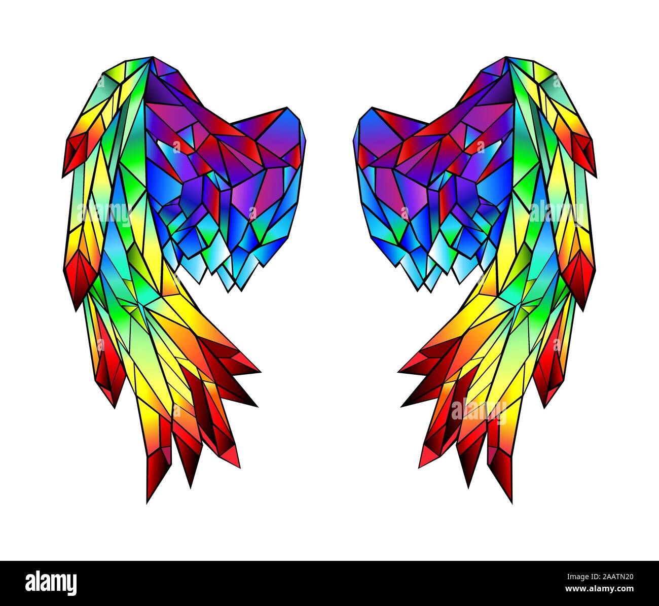 Künstlerisch rainbow gezeichnet, hell, Cognac, gefaltet, polygonalen Flügel auf weißem Hintergrund. Tattoo Stil. Stock Vektor
