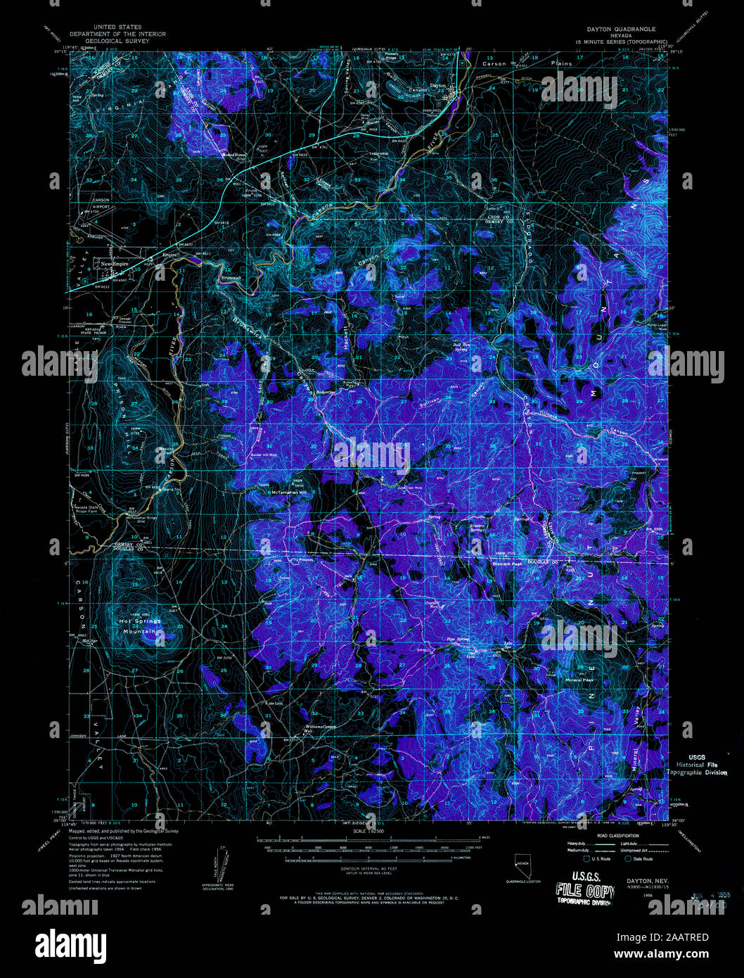 USGS TOPO Karte Nevada NV Dayton 320834 1956 62.500 invertiert Wiederherstellung Stockfoto