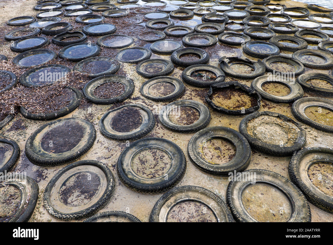 Meer mit alten Gummi Reifen Auto fallen teilweise in feuchten Sand absorbiert, abstrakten Hintergrund Stockfoto