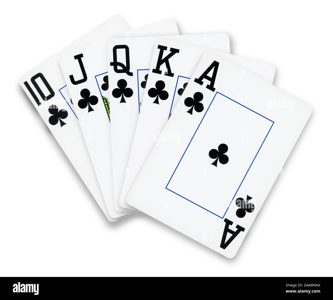 Poker Karten Straight Flush Clubs Hand - isoliert auf weiß Stockfoto