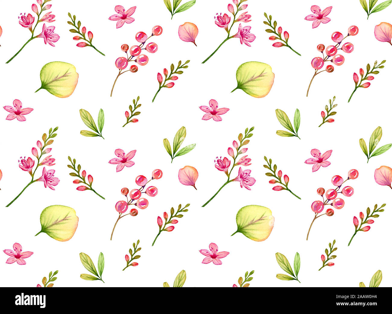 Aquarell kleine Blumen, Blätter und Zweige. Nahtlose tropische Muster isoliert auf Weiss. Bunt und süß Hand gemalte Illustration für Kinder Stockfoto