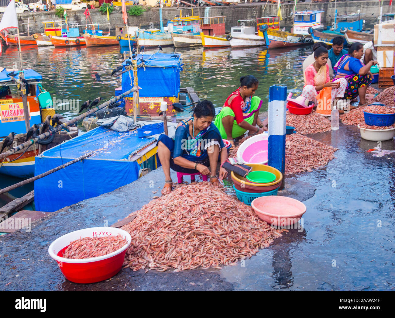 Indische Menschen arbeiten in Sassoon Docks in Mumbai Indien Stockfoto