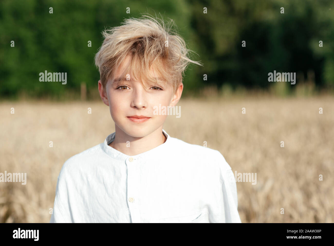 Portrait des blonden Jungen in einer oat Feld Stockfoto