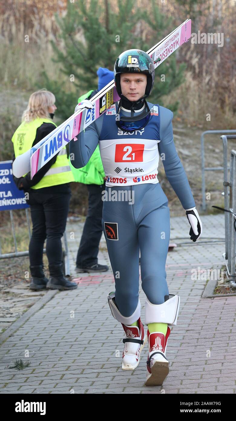 Während das Team der Wettbewerb der FIS Skisprung Weltcup in Wisla. Stockfoto