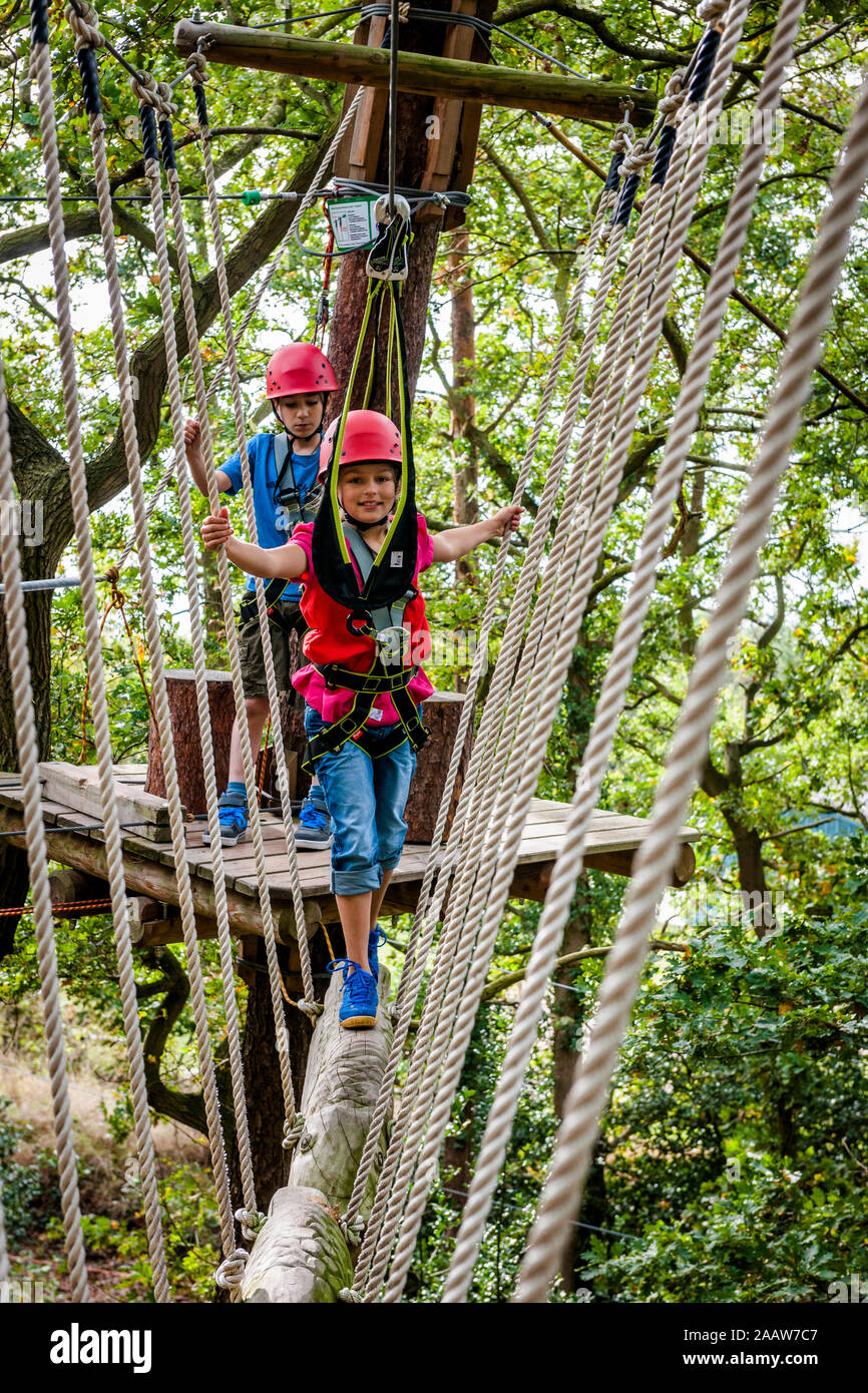 Junge und Mädchen auf einem Hochseilgarten im Wald Stockfoto