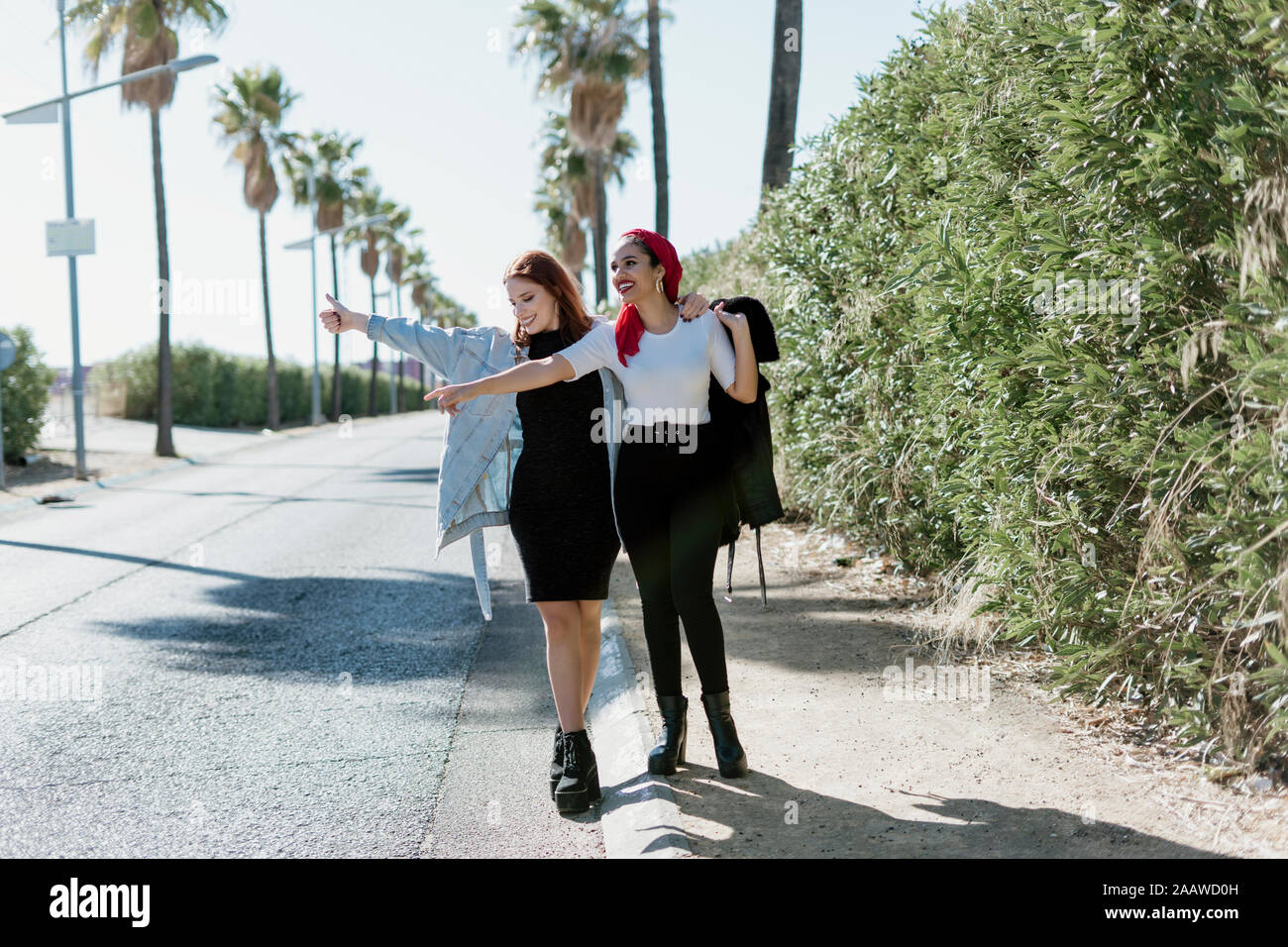 Zwei glückliche weibliche Freunde am Straßenrand Stockfoto