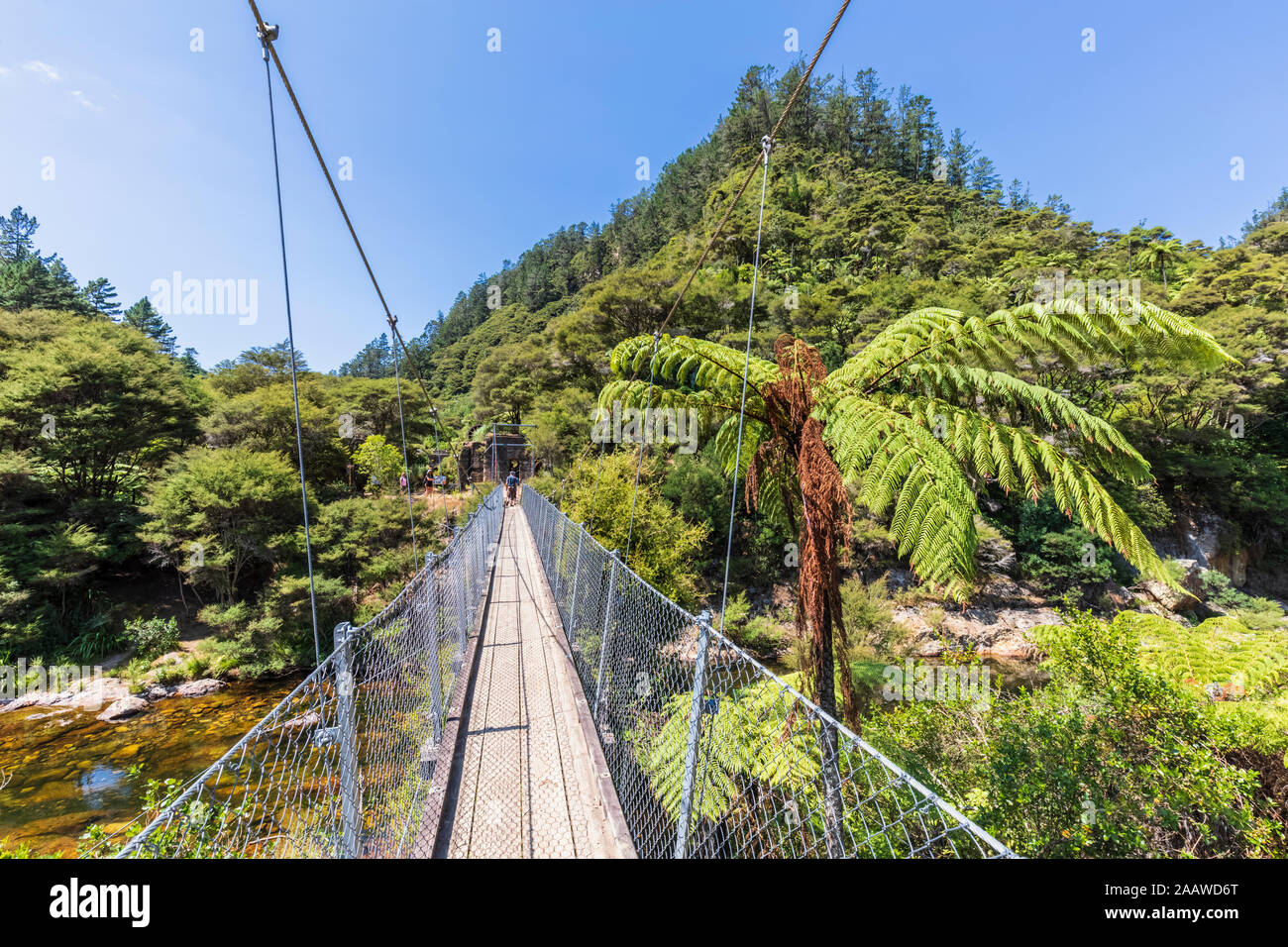 Neuseeland, Nordinsel, Waikato, Fußgängerbrücke über Ohinemuri Fluss Stockfoto