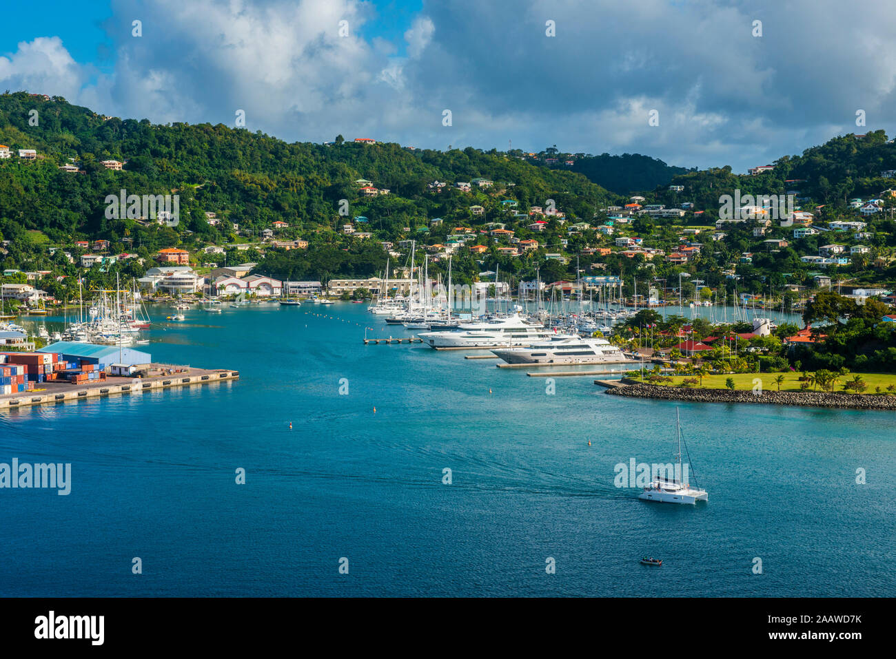 Hohe Betrachtungswinkel von St Georges, der Hauptstadt von Grenada, Karibik Stockfoto