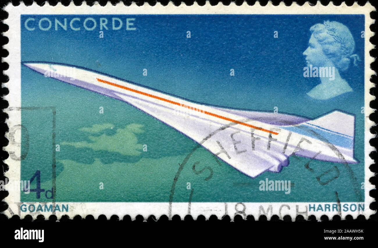 Poststempel Stempel aus dem Vereinigten Königreich von Großbritannien und Nordirland in den ersten Flug der Concorde-Serie Stockfoto