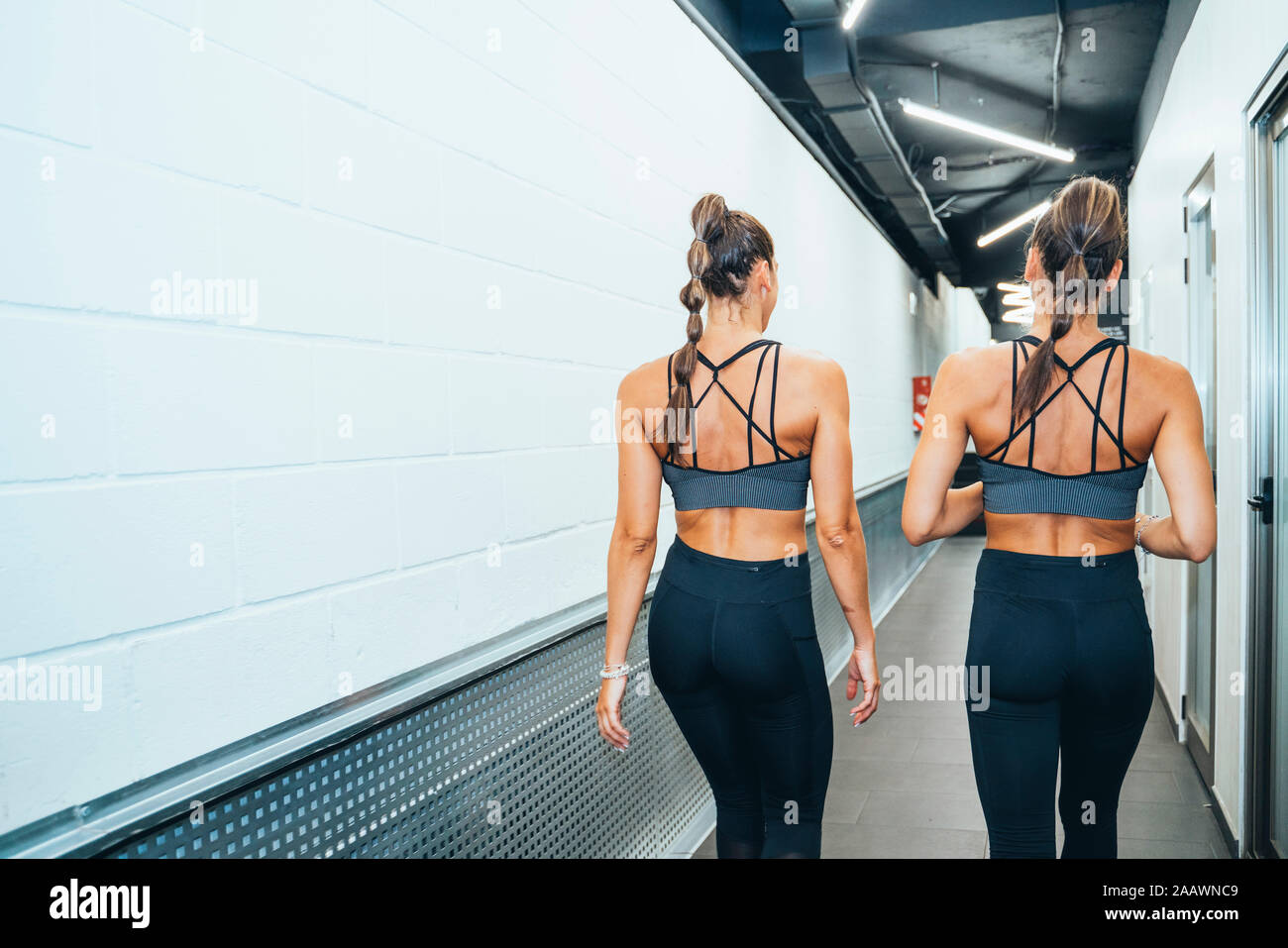 Ansicht der Rückseite des weiblichen Zwillingen in guter Form zu Fuß durch Korridor während des Trainings in der Turnhalle Stockfoto