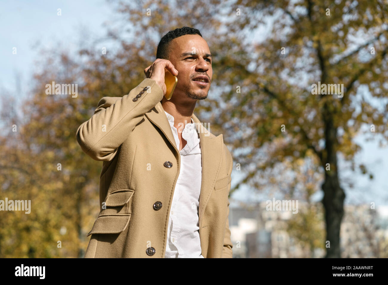 Portrait von Geschäftsmann am Telefon im Herbst Stockfoto