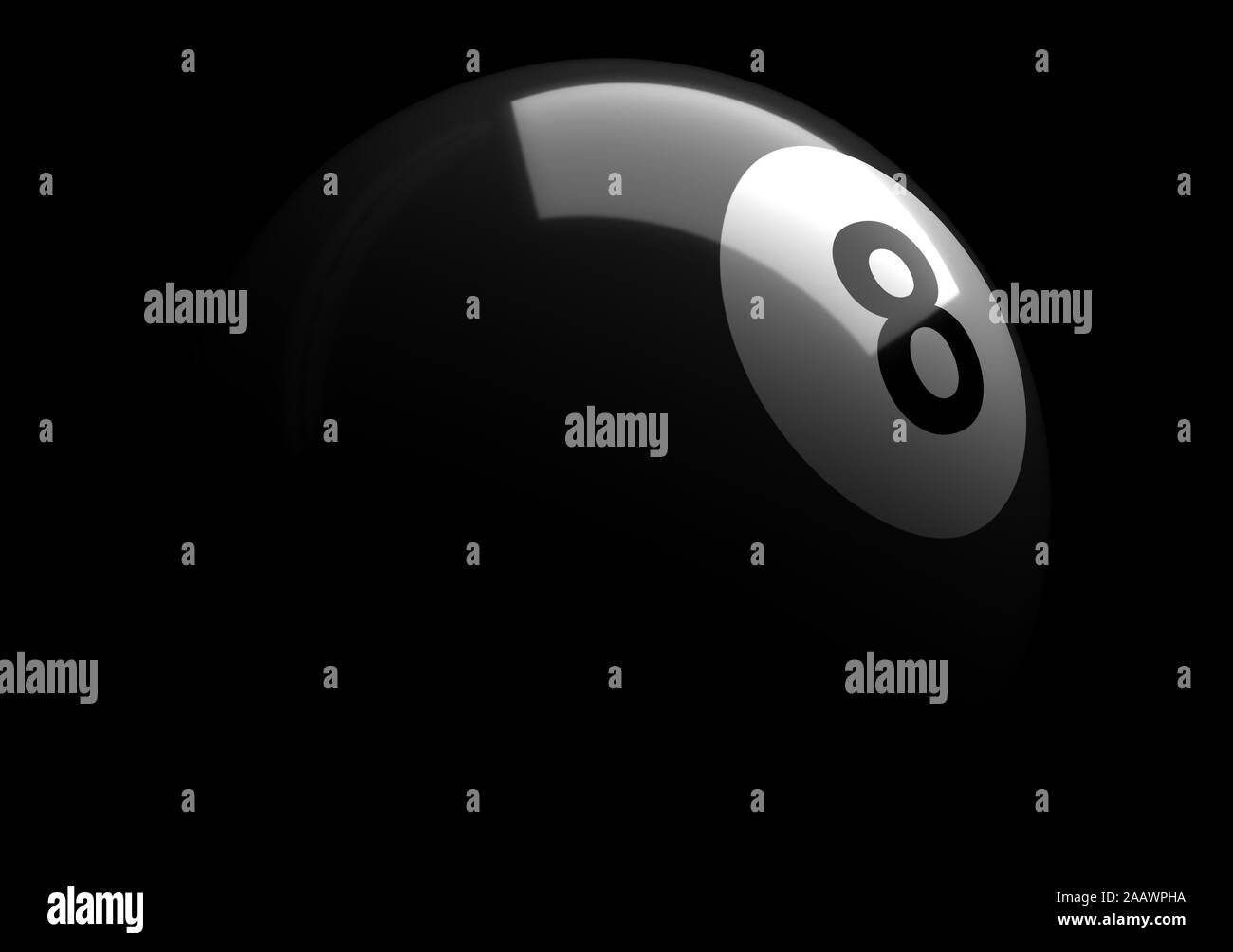 Die Zahl 8 Billardkugel auf Schwarz Stockfoto