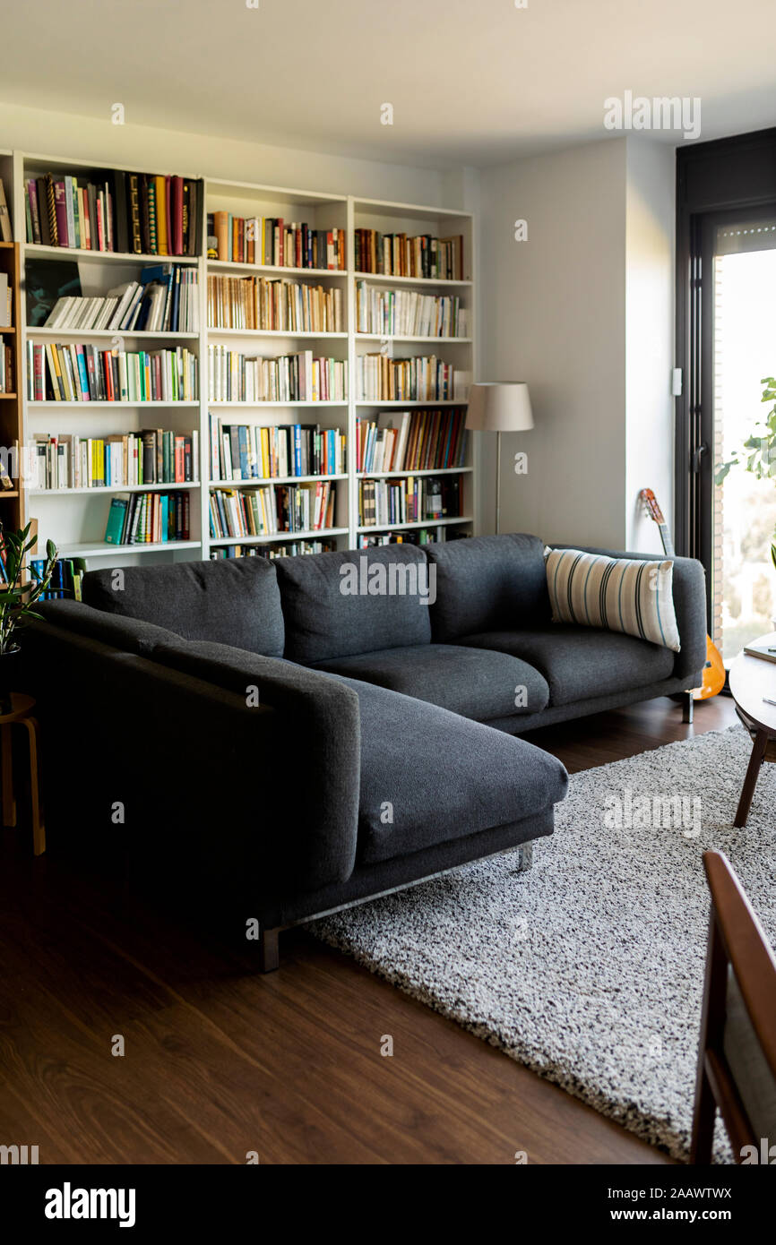 Sofa und Bücherregal im gemütlichen Wohnzimmer Stockfoto