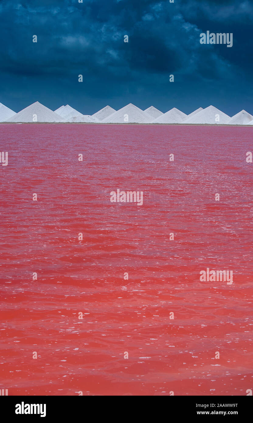 Anzeigen von Red Salt Lake gegen bewölkter Himmel, Bonaire, Karibik Niederlande Stockfoto