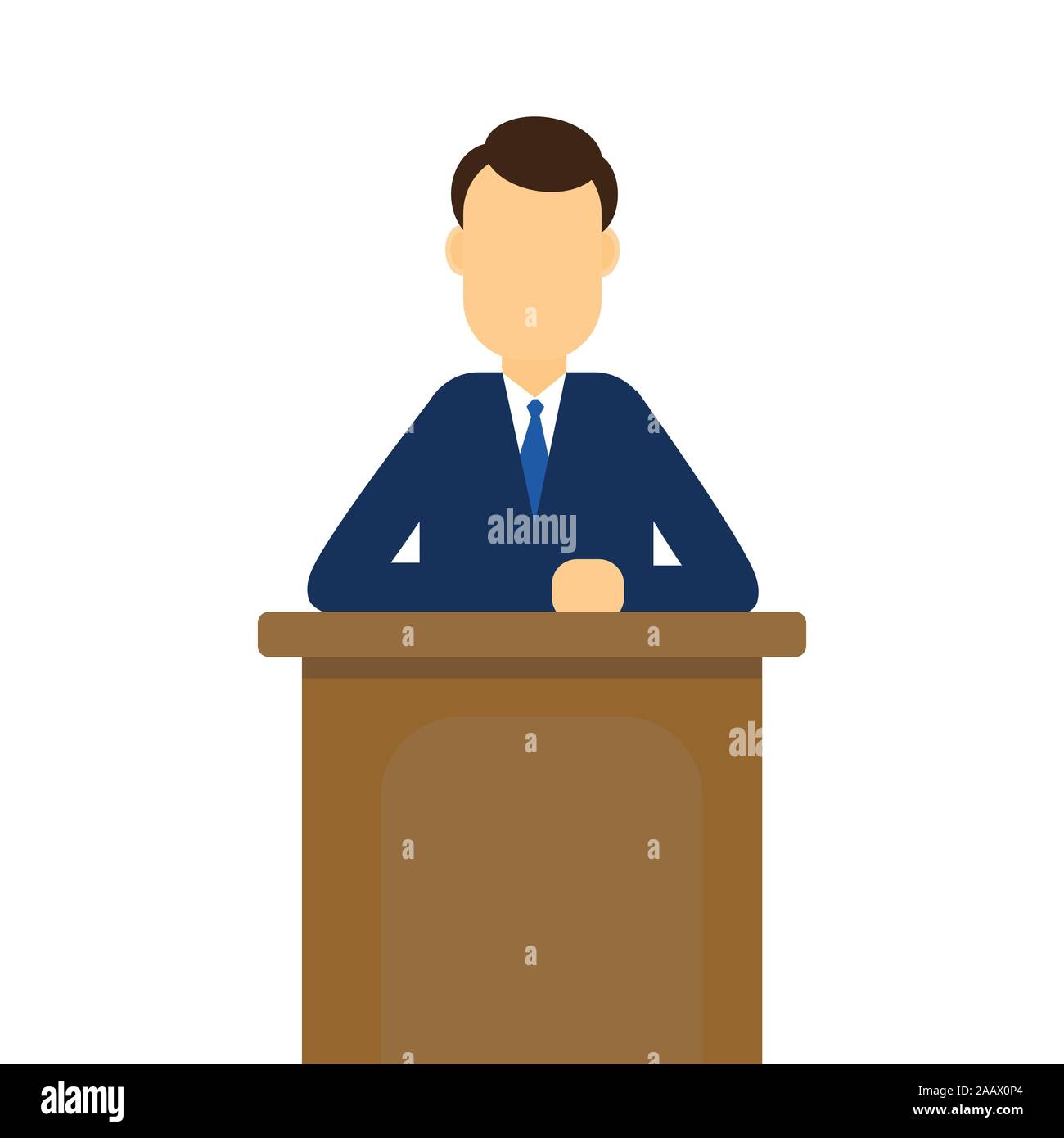 Unternehmer im Gespräch auf dem Podium. Man Lautsprecher hinter Podiumsplatz. Für geschäftliche und politische Konzept. Flache Vector Illustration. Stock Vektor