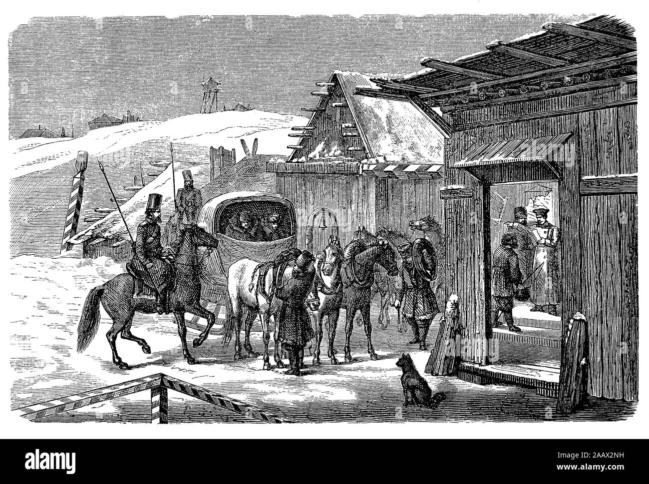 Post in Sibirien aus dem 19. Jahrhundert mit Troika - Schlitten durch drei Pferde - bereit für die E-Mail-Zustellung geschult Stockfoto