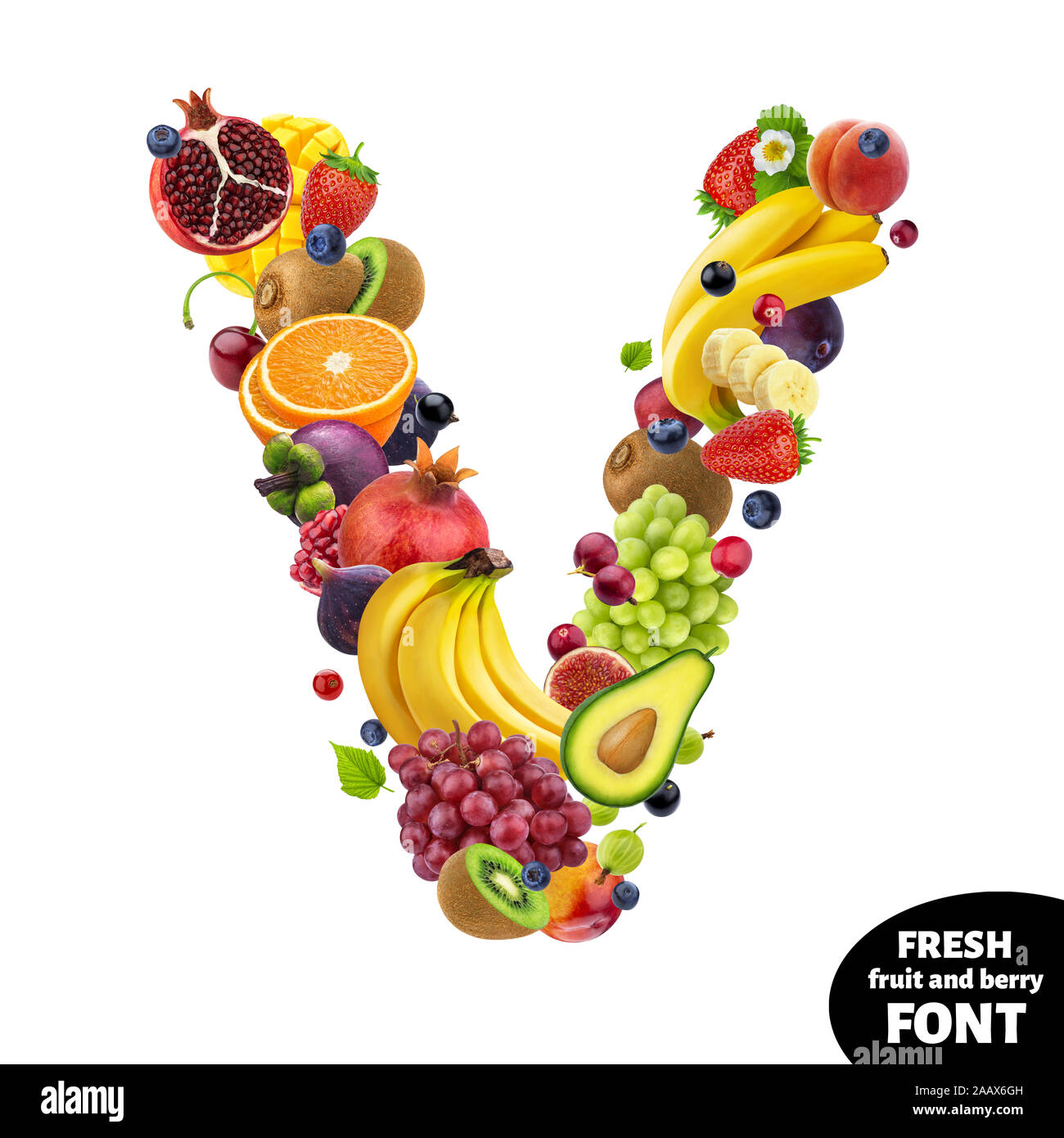 Buchstabe V, Obst font Symbol auf weißem Hintergrund Stockfoto