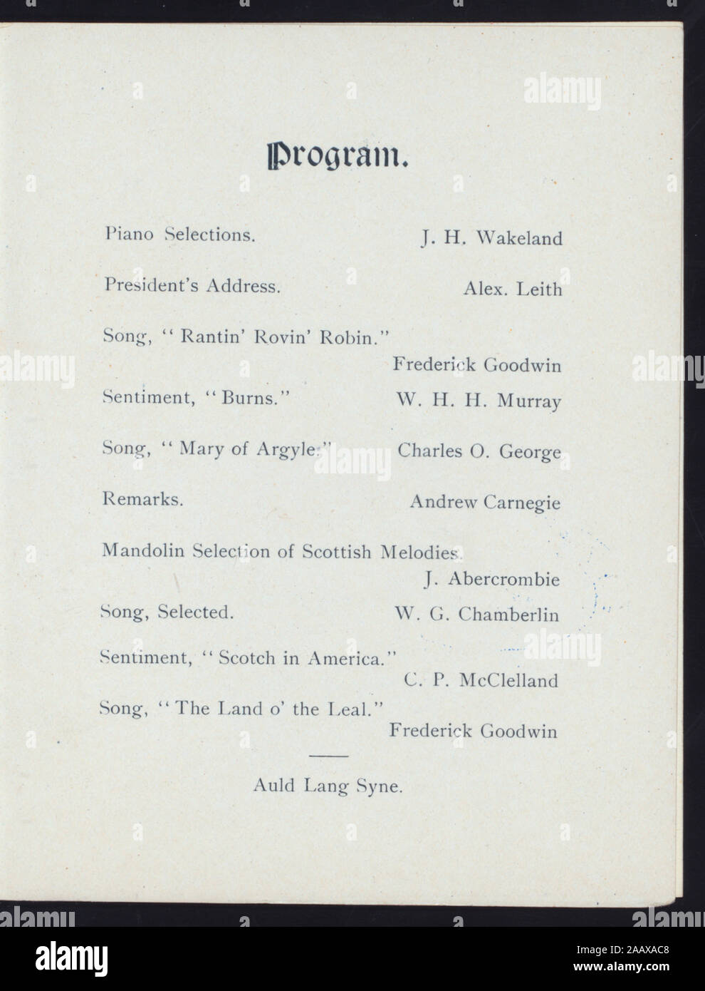 14. BURNS JUBILÄUM (Durch) SPRINGFIELD CALEDONIANS (at) HOTEL (HOTEL WÜRDIG gehalten ;) PORTRAIT VON ROBERT BURNS AUF DER ABDECKUNG; PROGRAMM VON VERBRENNUNGEN VERBRENNUNGEN ARBEITET; 14. JAHRESTAG [von] SPRINGFIELD CALEDONIANS [at] HOTEL WÜRDIG (HOTEL gehalten ;) Stockfoto