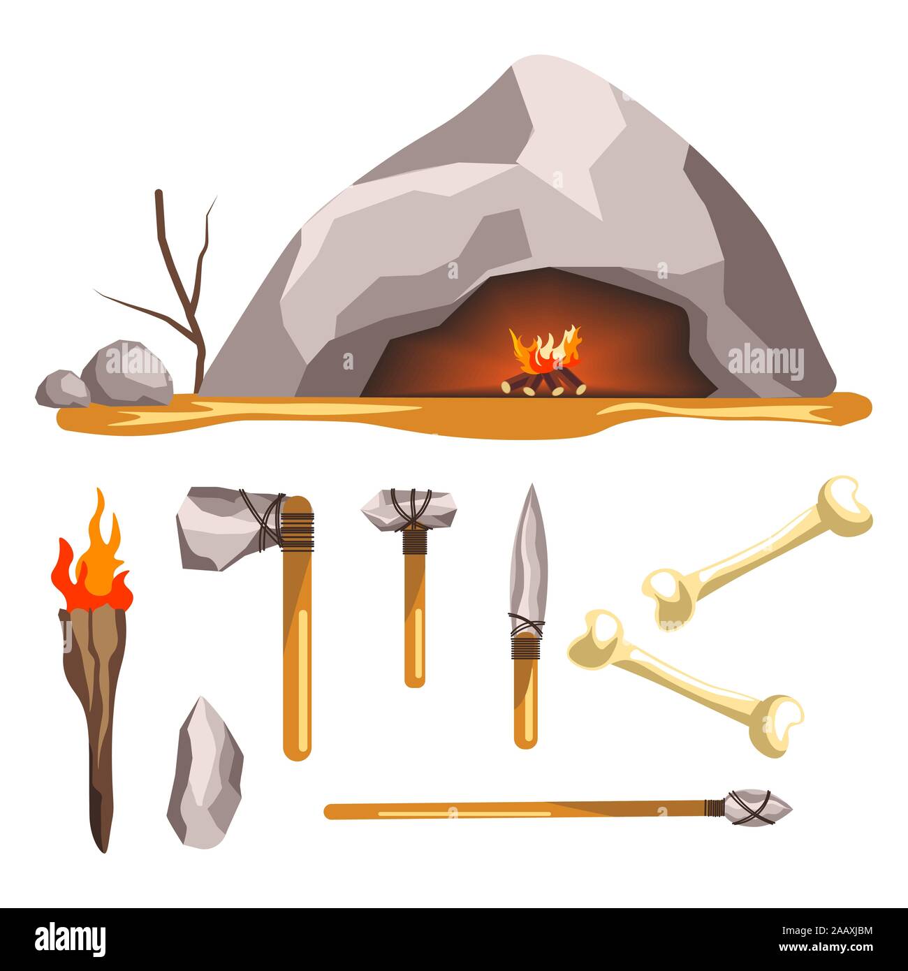 Steinzeit Werkzeuge und Höhle isoliert Symbol, Geschichte und primitive Waffe Stock Vektor