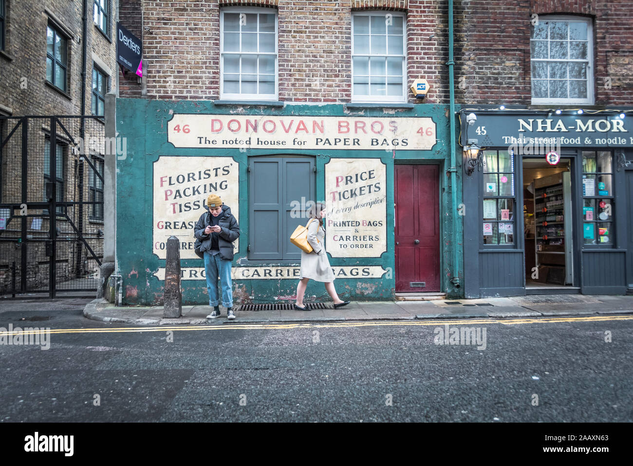Donovan Bros Säcke aus Papier shop auf Crispin Street, Spitalfields, London E1, UK Stockfoto