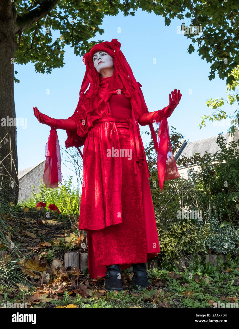 Rote Rebellen vom Aussterben Rebellion Spaziergang durch Somerset Marktstadt Frome während der unabhängigen Markt Tag Stockfoto