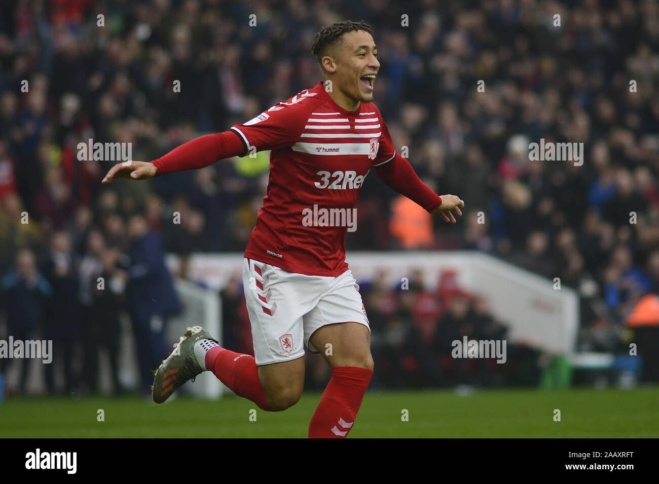 Marcus Tavernierr feiert nach zählen während der Himmel Wette Championship Match zwischen Middlesbrough und Hull City im Riverside Stadium, Middlesbrough am Sonntag, den 24. November 2019. Stockfoto