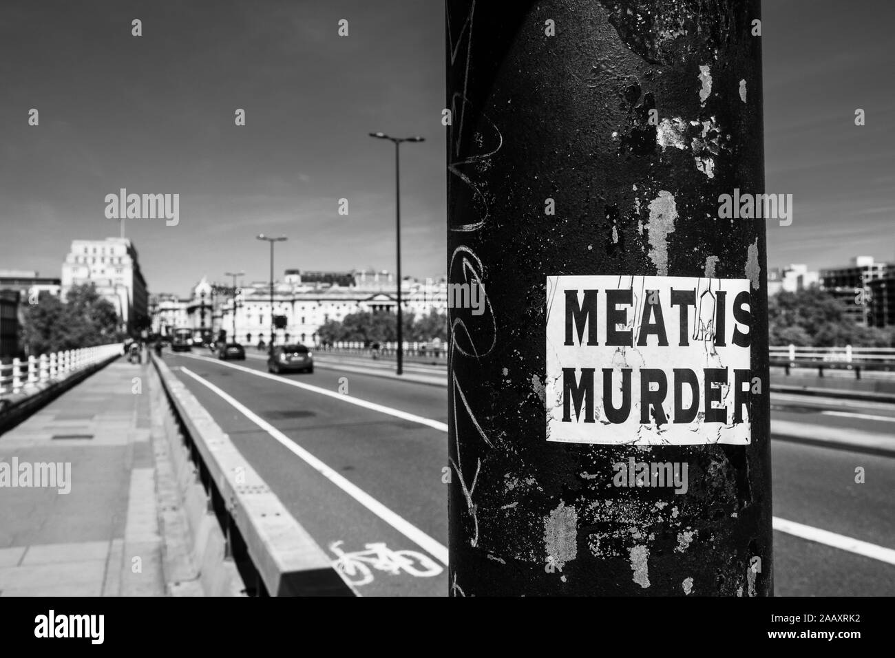 Fleisch ist Mord Zeichen, Waterloo Bridge, London Stockfoto