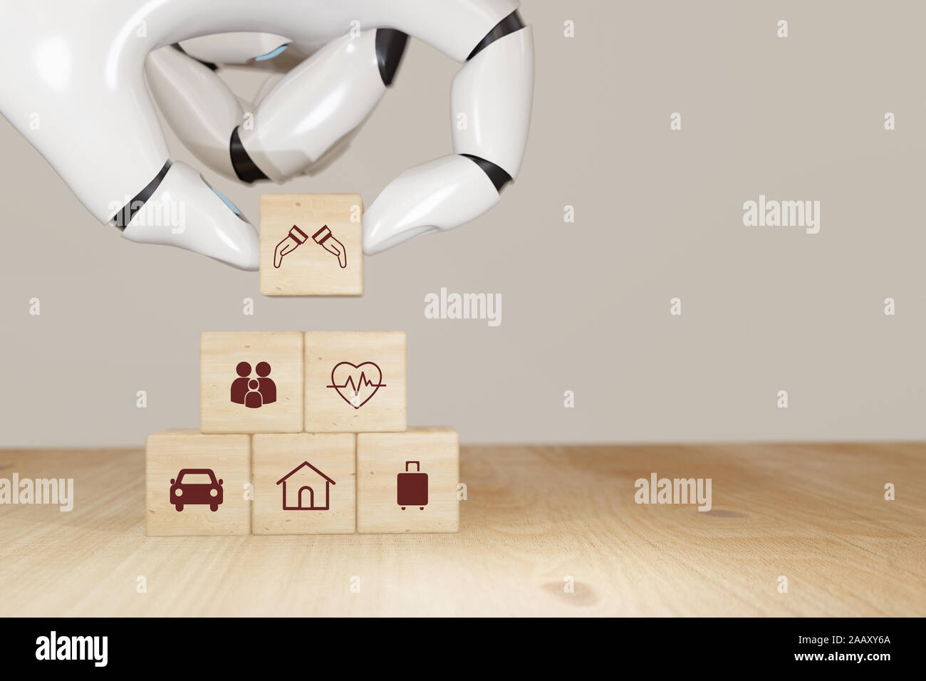 3D-rendering Roboter Hand nehmen Versicherung Konzept, Holz- Würfel symbolisieren die Versicherung zum Schutz von Personen, Eigentum, Haftung, Zuverlässigkeit oder abdecken, c Stockfoto