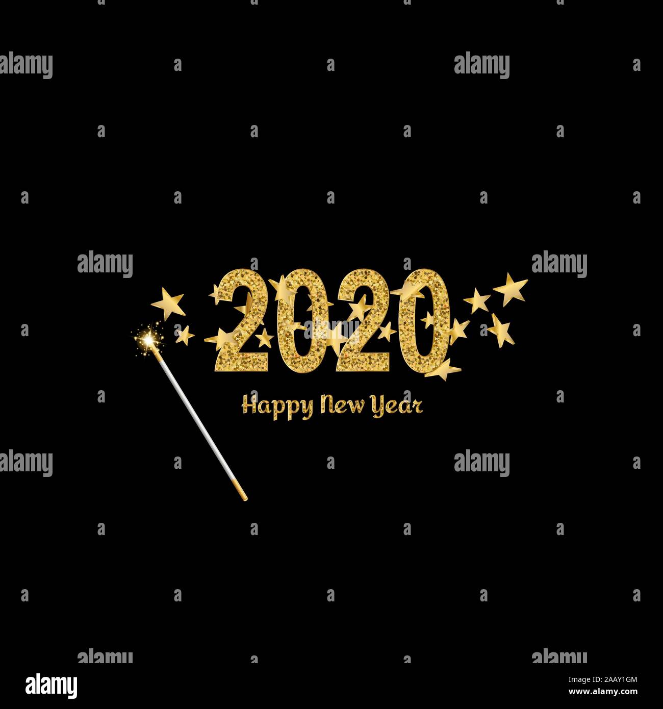 Frohes Neues Jahr gold Nummer 2020. Helle golden Design mit Glanz und Zauberstab mit 3d-Sterne. Urlaub glitter Typografie für Weihnachten banner Stock Vektor