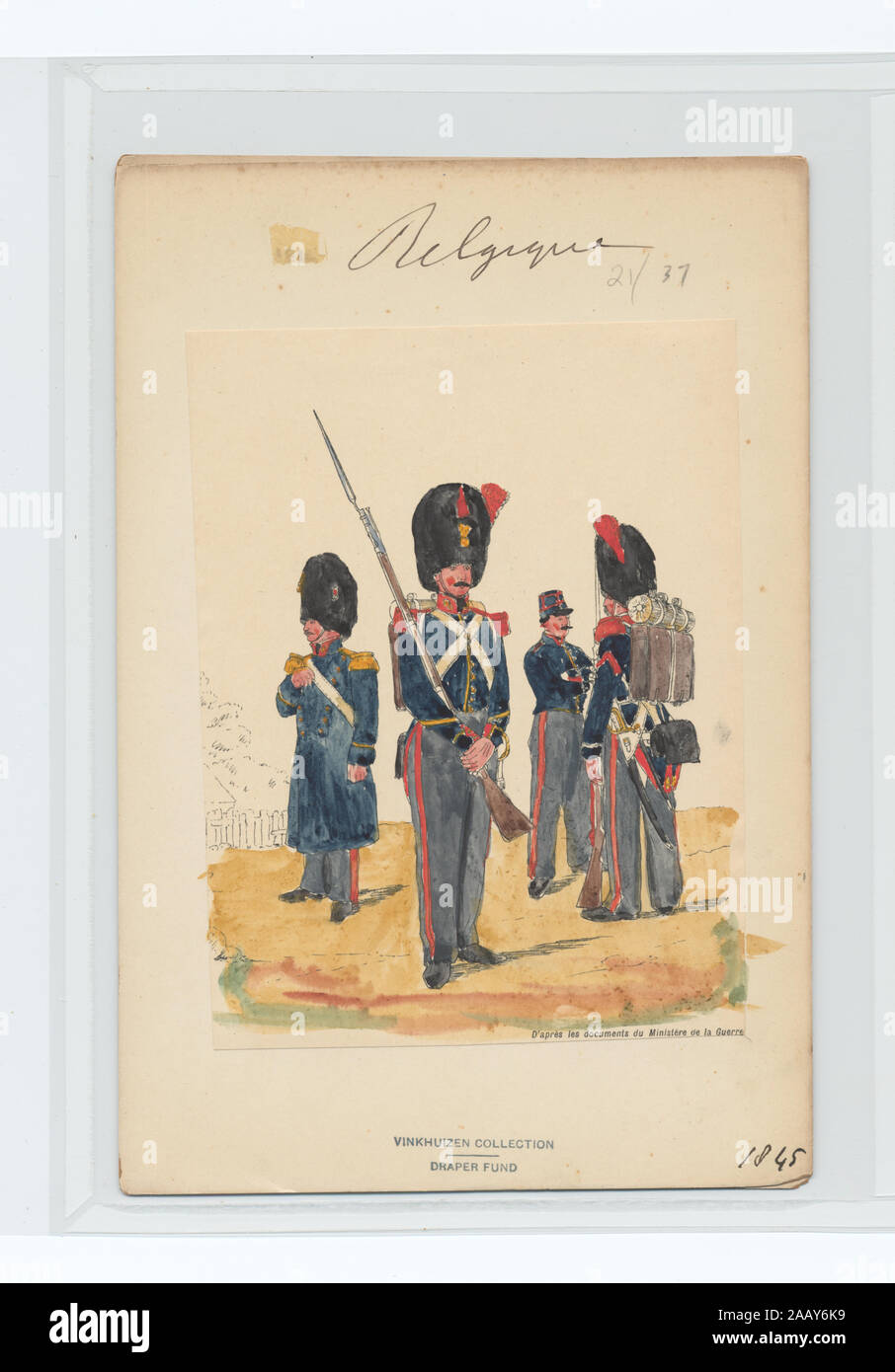 Vier Soldaten in blauen Jacken, Grau Hose mit roten Streifen Ownership: Draper Fund (571240) Elite Regiment, 1845 (Rouen) D'après Les documents Du Ministere de la Guerre.; Vier Soldaten in blauen Jacken, Grau Hose mit roten Streifen. Stockfoto