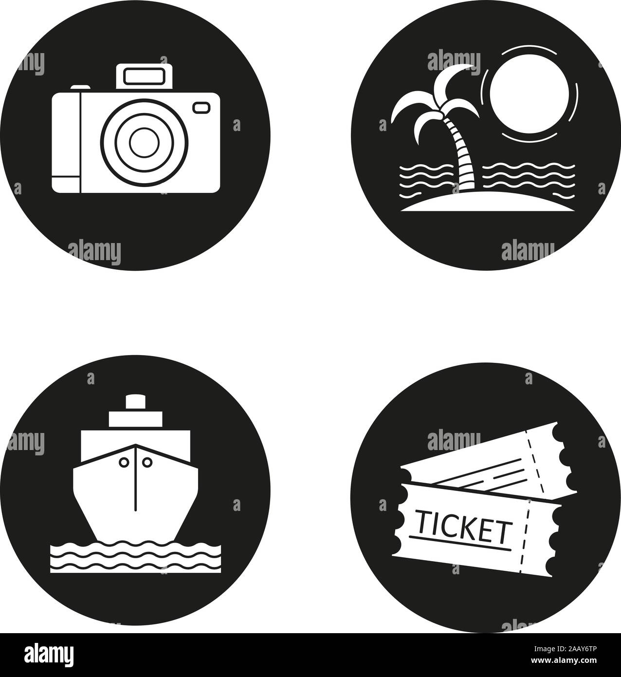 Reisen Symbole gesetzt. Urlaub. Slr-Foto Kamera, sonnigen Insel mit Palmen, Kreuzfahrtschiff, Tickets. Vektor weiss Abbildungen in schwarzen Kreisen Stock Vektor