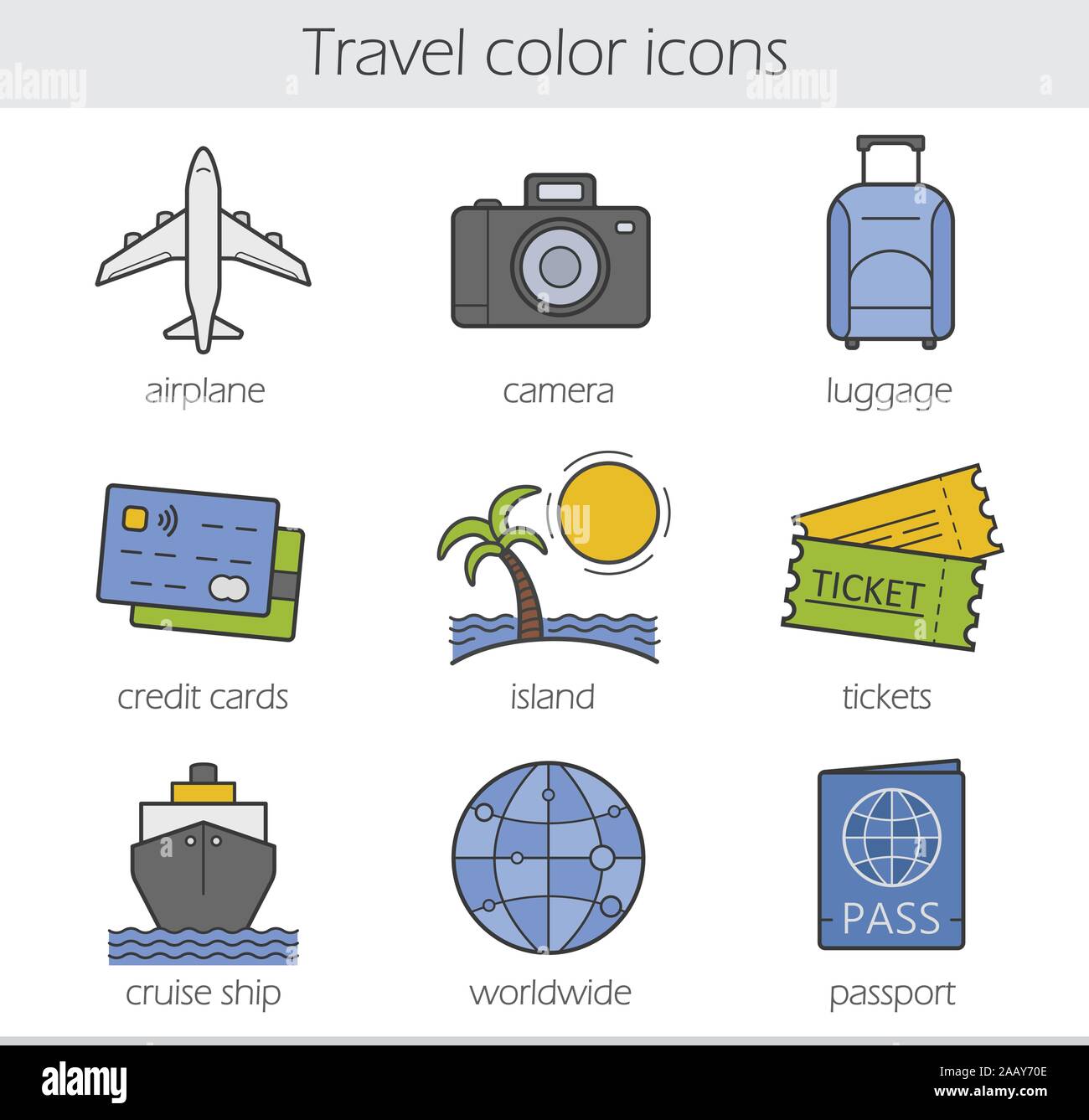 Reisen color Symbole gesetzt. Flugzeug, slr-kamera, Gepäck, Kreditkarten, Insel mit Palme und Sonne, Tickets, Kreuzfahrten, weltweit und Reisepass sy Stock Vektor