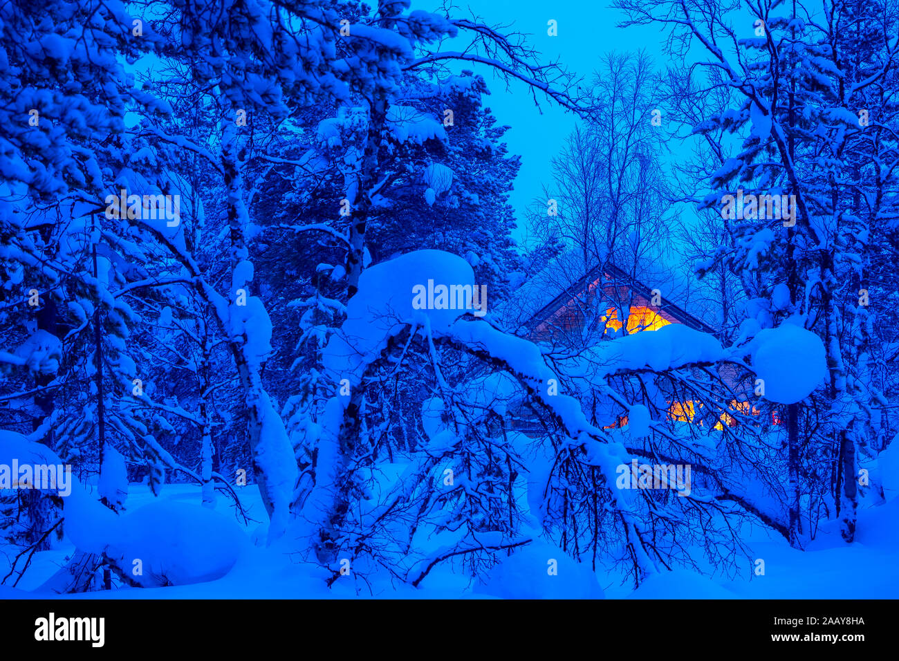 Viel Schnee am Abend Winter Forest. Einsame Holzhütte leuchtet im Dickicht Stockfoto