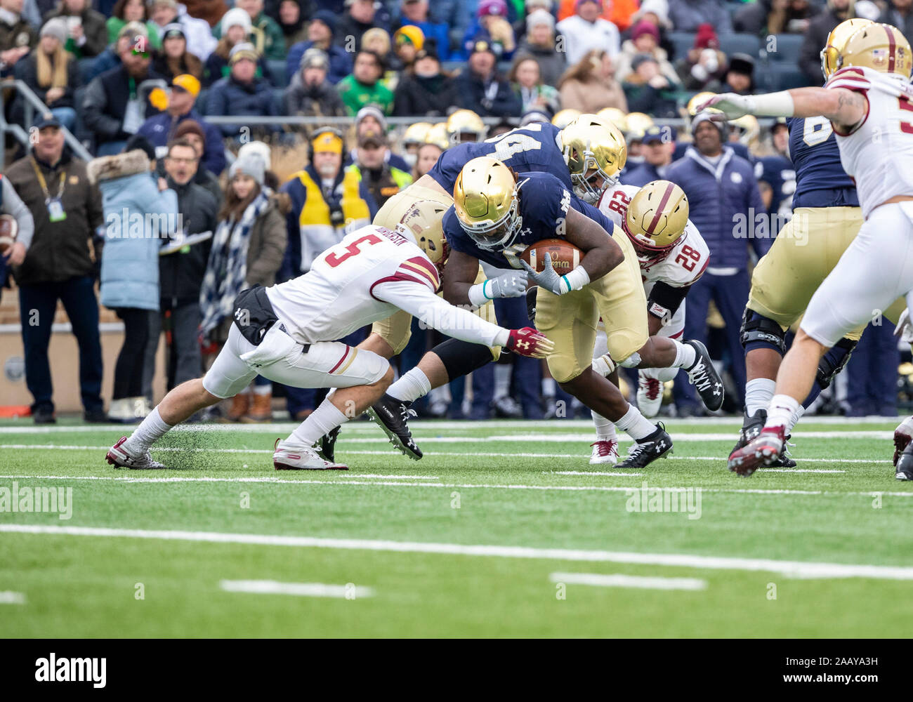 November 23, 2019: Boston College Defensive zurück Nolan Borgersen (5) Macht der Angriff auf Notre Dame zurück läuft, Tony Jones Jr. (6) während der NCAA Football Spiel Action zwischen dem Boston College Eagles und die Notre Dame Fighting Irish im Notre Dame Stadium in South Bend, Indiana. Notre Dame besiegt Boston College 40-7. Johann Mersits/CSM. Stockfoto