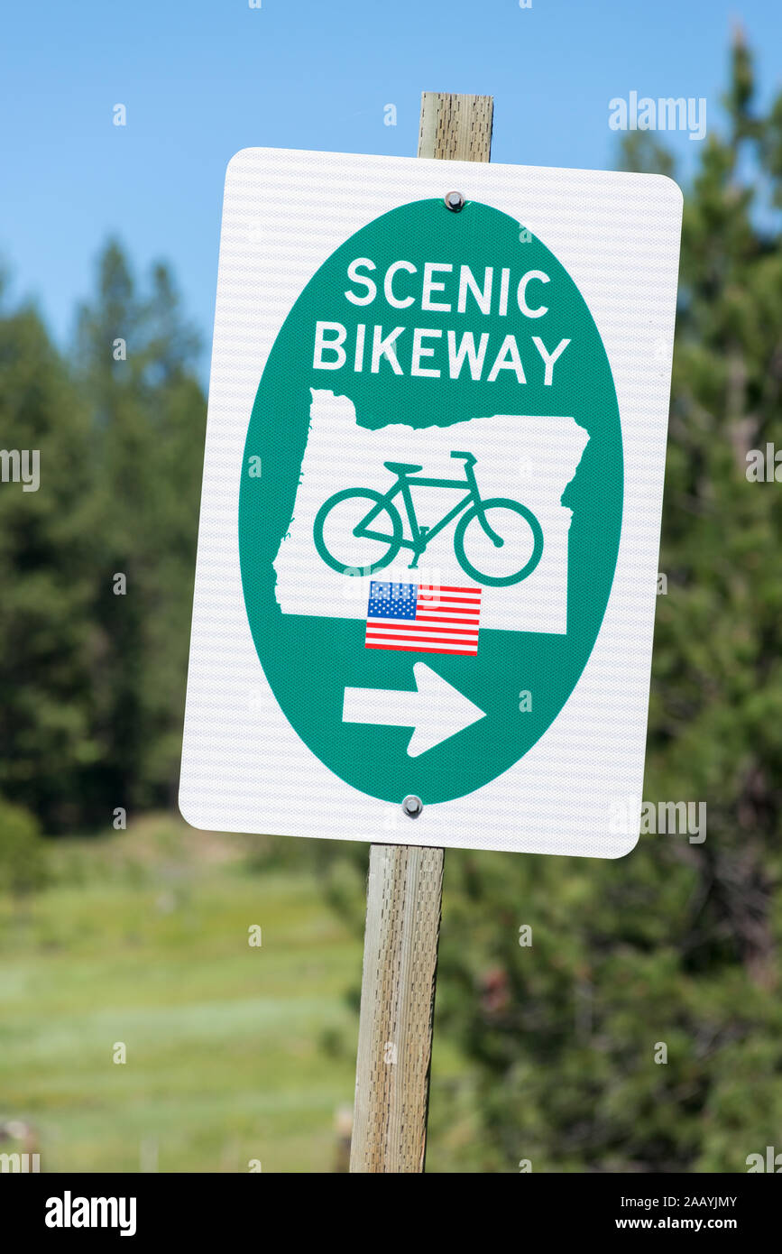 Landschaftlich reizvolle Radweg Zeichen, Grant County, Oregon. Stockfoto