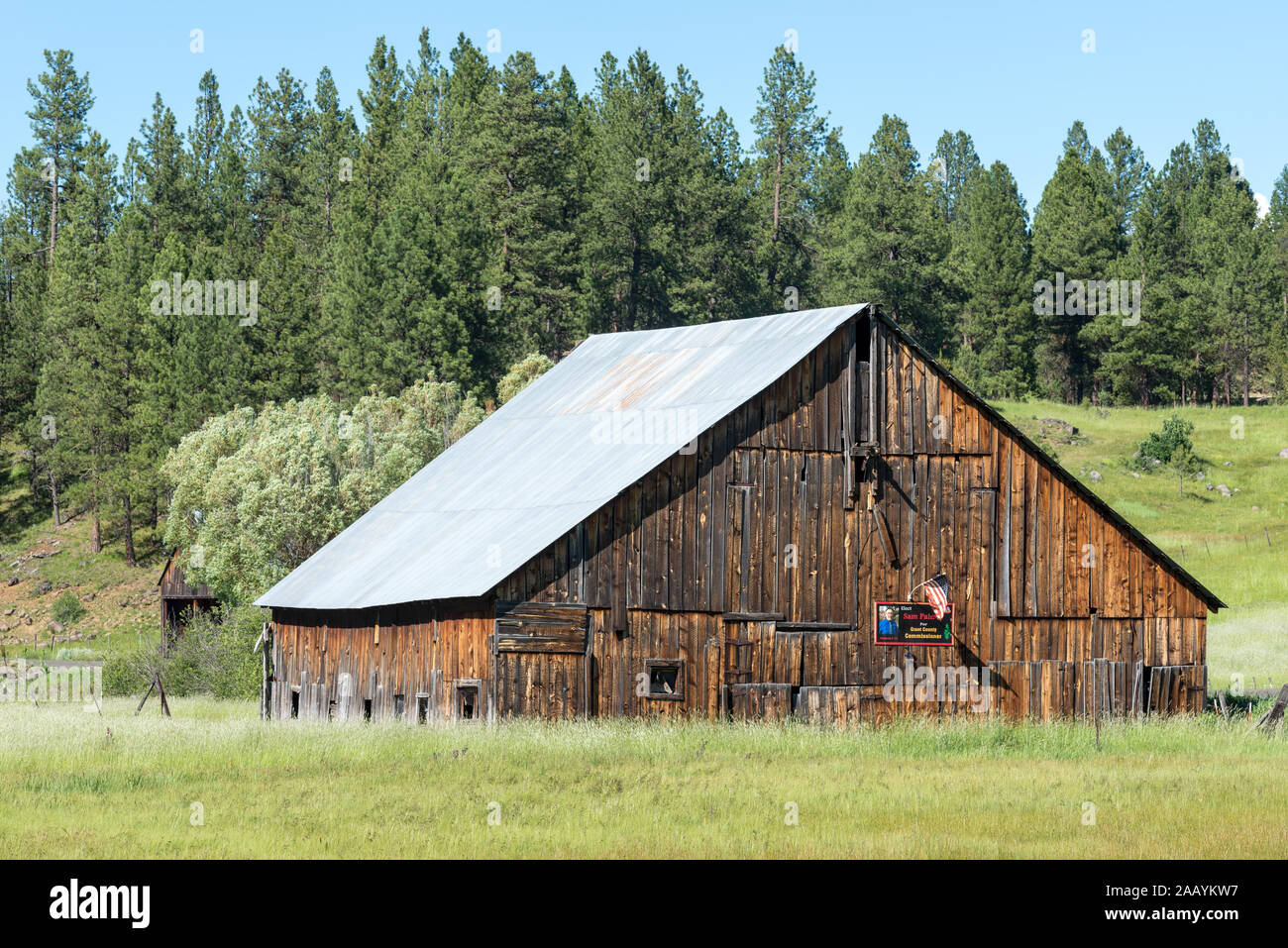 Alte Scheune mit politischen Zeichen und amerikanische Flagge, Grant County, Oregon. Stockfoto