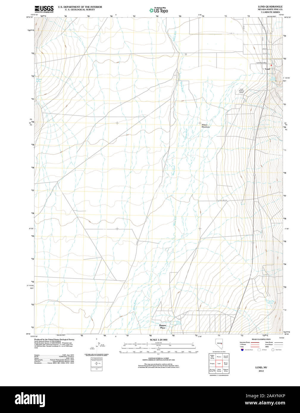 USGS TOPO Karte Nevada NV Lund 20120113 TM Wiederherstellung Stockfoto