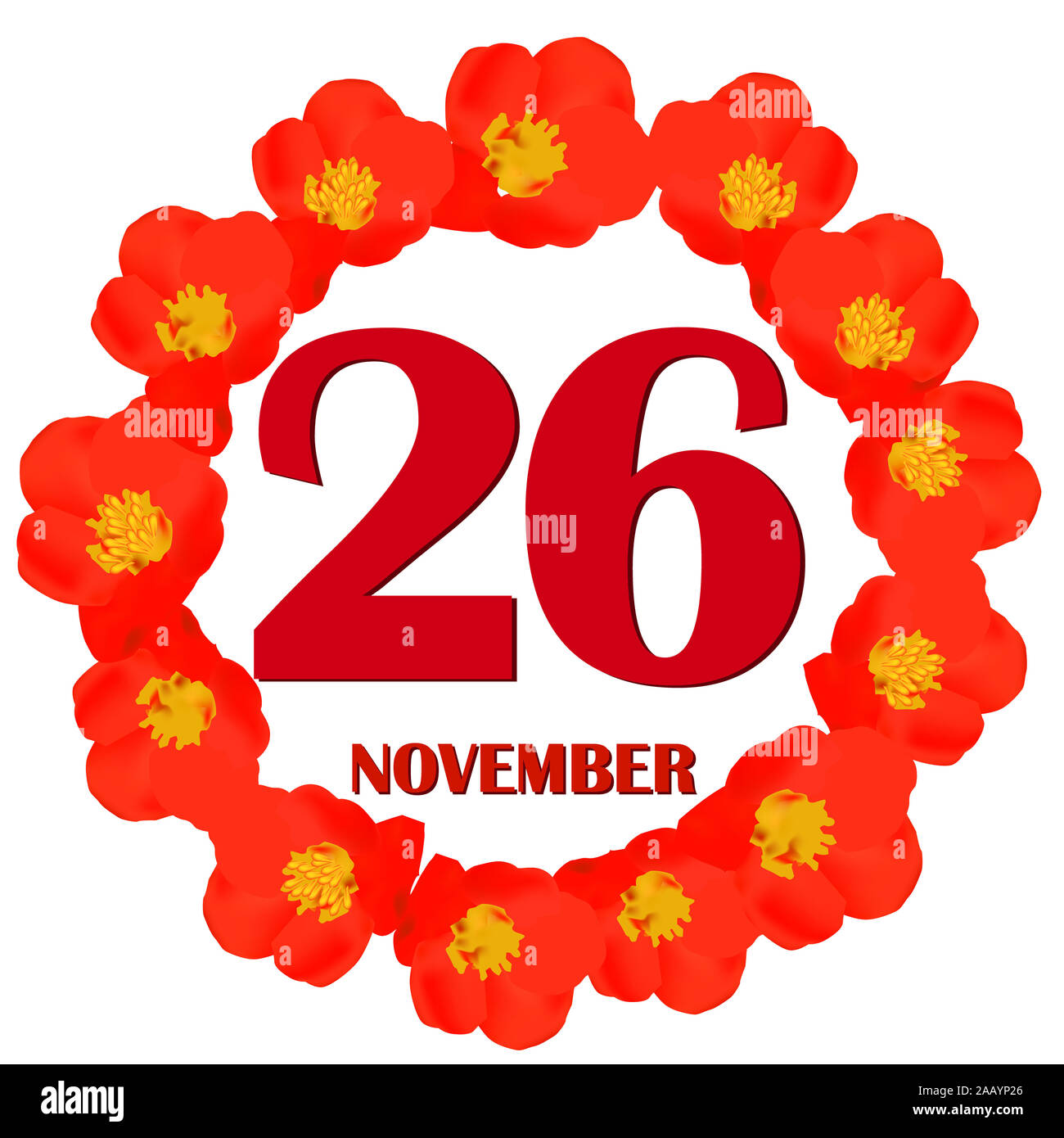 November 26 Symbol. Für wichtige Tag planen. Banner für Feiertage und besondere Tage mit Blumen. Am 26. November. Abbildung. Stockfoto