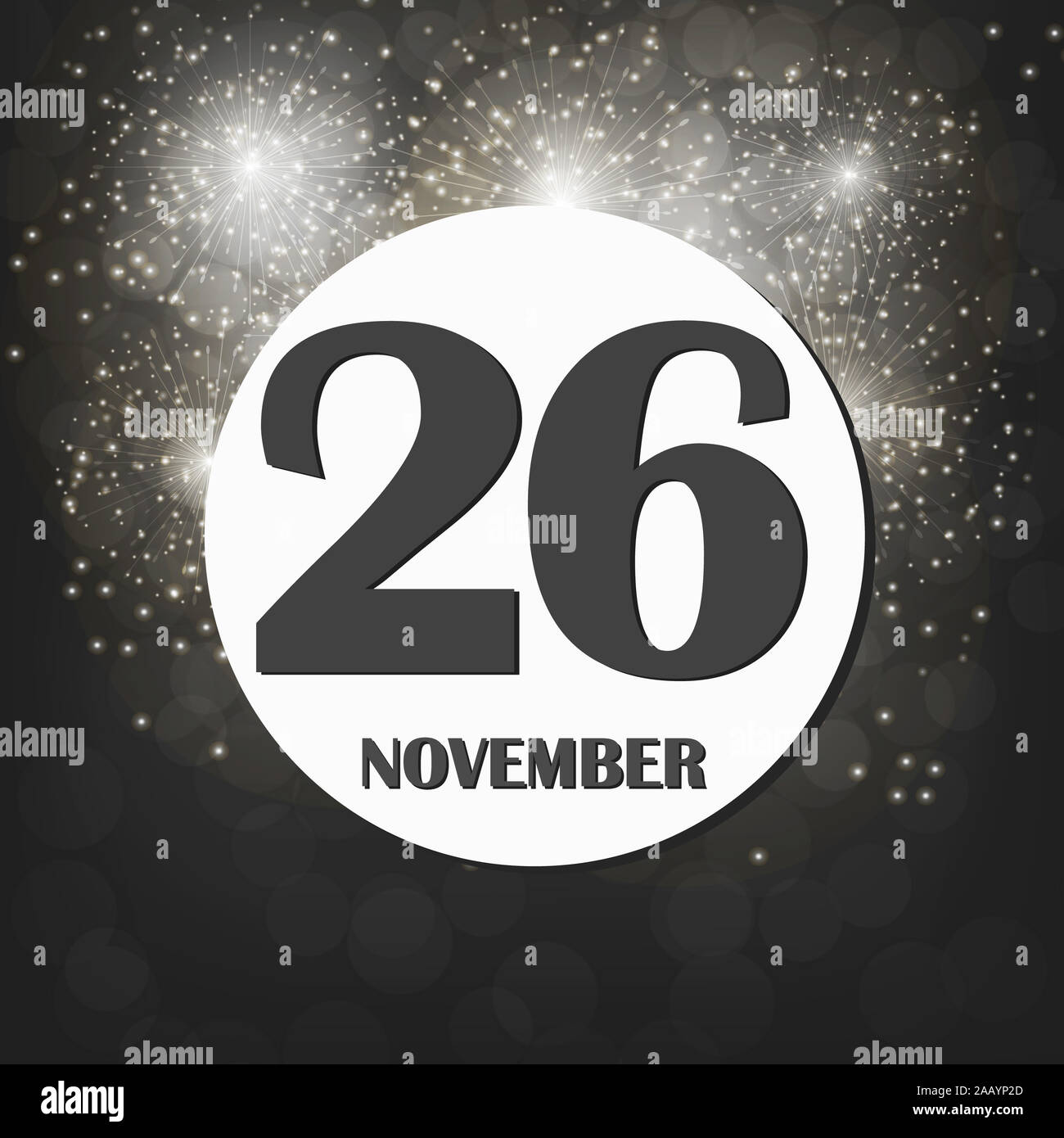 November 26 Symbol. Für wichtige Tag planen. Banner für Feiertage und besondere Tage mit Feuerwerk. Am 26. November. Abbildung. Stockfoto