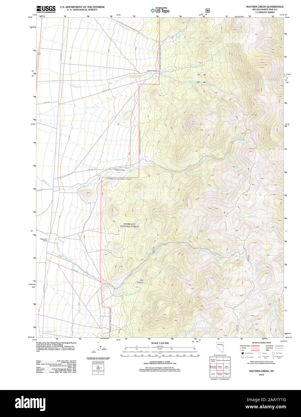 USGS TOPO Karte Nevada NV Mattier Creek 20120125 TM Wiederherstellung Stockfoto