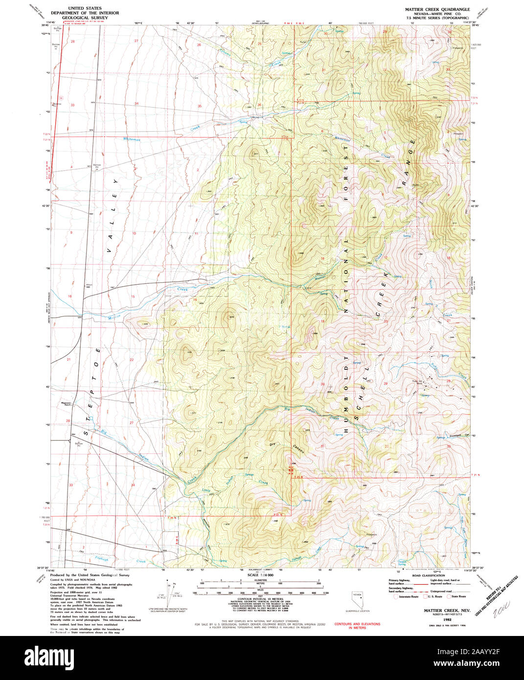 USGS TOPO Karte Nevada NV Mattier Creek 319367 1982 24000 Wiederherstellung Stockfoto