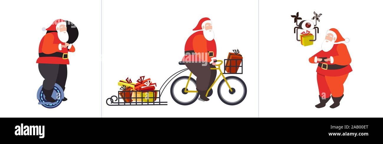 Santa Claus reiten mono Rad Radfahren und Controlling drone frohe Weihnachten Frohes neues Jahr Winterurlaub feier Konzept horizontale voller Länge Vektor Abbildung Stock Vektor