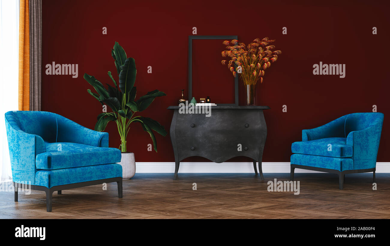 Modernes, minimalistisches Interieur von Wohnzimmer, zu Hause, im Büro, Hotel, rote Wand Konzept, Vintage Sessel mit Holztisch auf Parkettboden Stockfoto